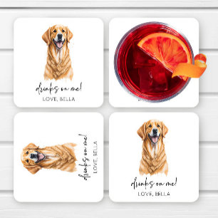 Drinks On Me! Golden Retriever Dog Pet Wedding Square Paper Coaster