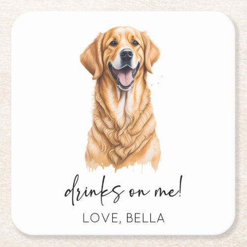 Drinks On Me Golden Retriever Dog Pet Wedding Square Paper Coaster