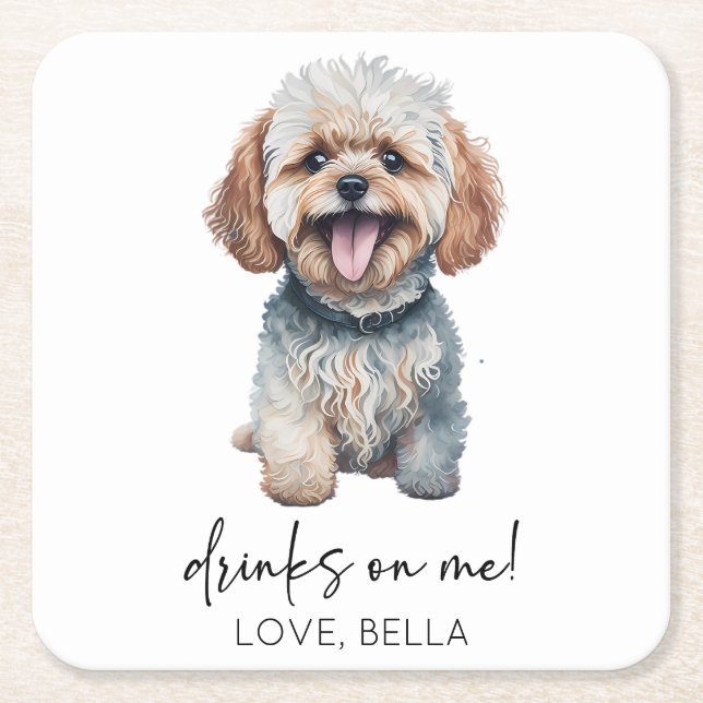 Drinks On Me! Maltipoo Dog Wedding Square Paper Coaster (Front)