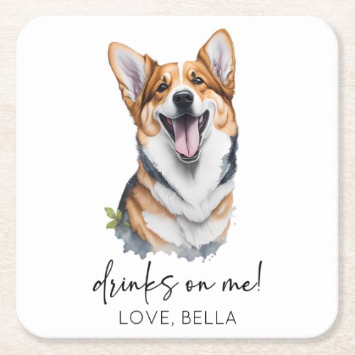 Drinks On Me Pembroke Welsh Corgi Dog Pet Wedding Square Paper Coaster