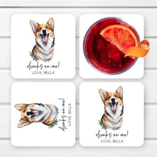 Drinks On Me Pembroke Welsh Corgi Dog Pet Wedding Square Paper Coaster