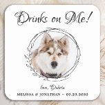 Drinks On Me Personalized Pet Photo Dog Wedding Square Paper Coaster<br><div class="desc">Drinks on Me! Add the finishing touch to your wedding with these cute custom photo wedding coasters. Perfect for your wedding after party and reception, and as wedding favors for your guests. Customize these photo dog wedding coasters with your favorite wedding photo, dog of honors photo, or your newlywed photo...</div>