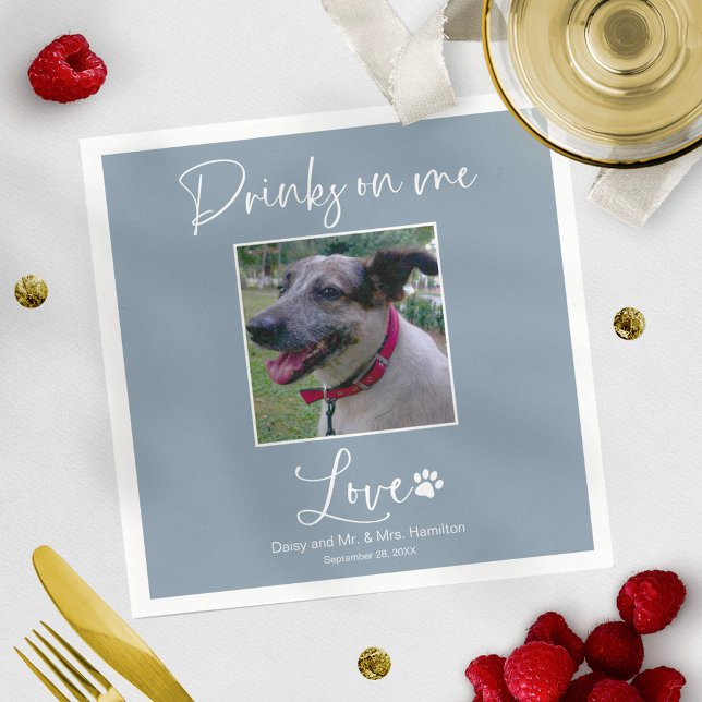 Drinks On Me Pet Photo Calligraphy Wedding  Napkins (Creator Uploaded)