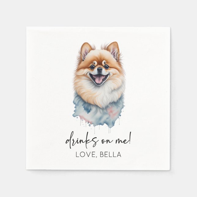 Drinks On Me! Pomeranian Dog Pet Wedding Napkins (Front)