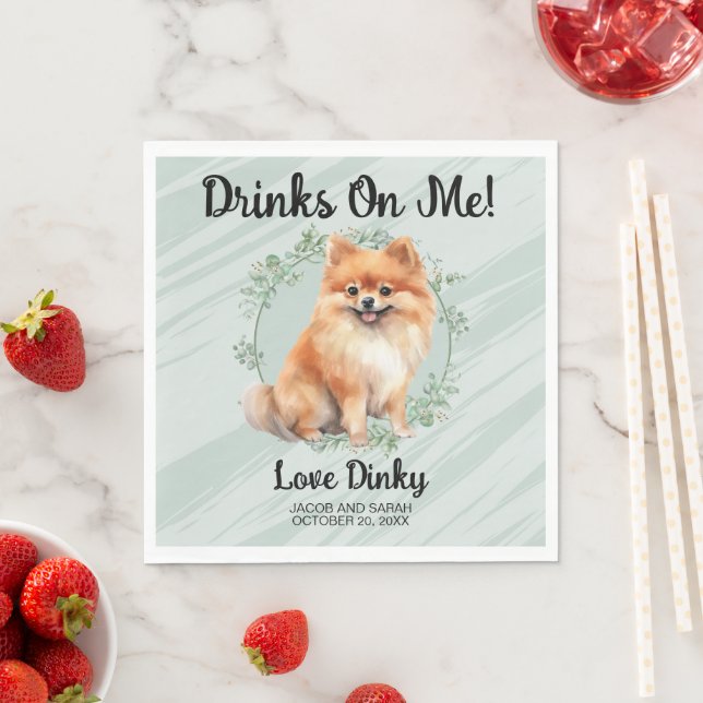 Drinks On Me! Pomeranian Dog wedding napkins (Insitu)