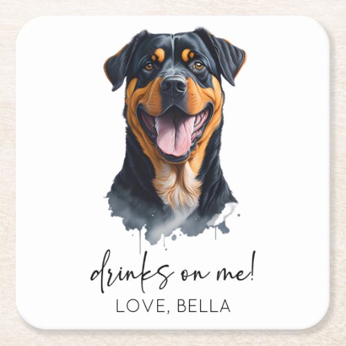 Drinks On Me Rottweiler Dog Pet Wedding Square Paper Coaster