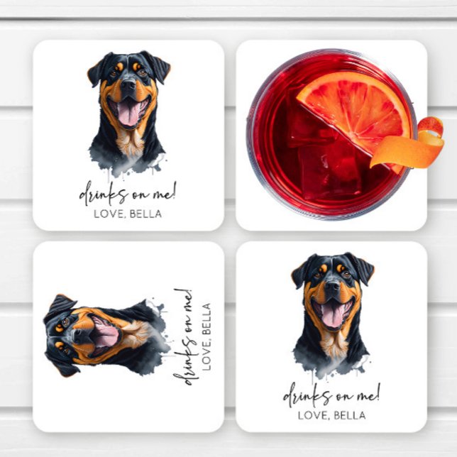 Drinks On Me! Rottweiler Dog Pet Wedding Square Paper Coaster (Creator Uploaded)