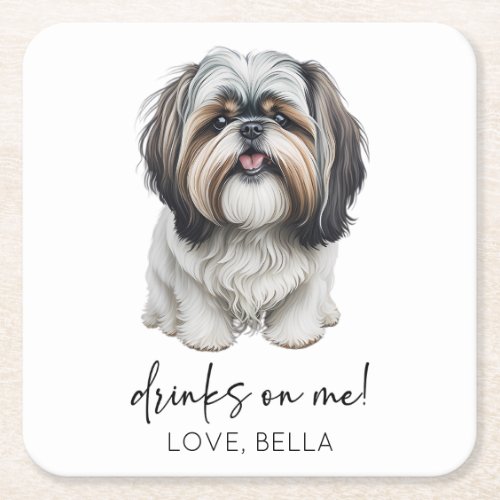 Drinks On Me Shih Tzu Dog Pet Wedding Square Paper Coaster