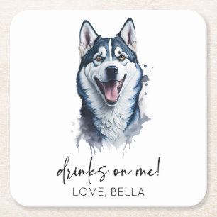 Drinks On Me! Siberian Husky Dog Pet Wedding Square Paper Coaster