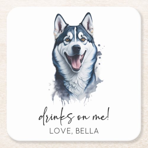 Drinks On Me Siberian Husky Dog Pet Wedding Square Paper Coaster