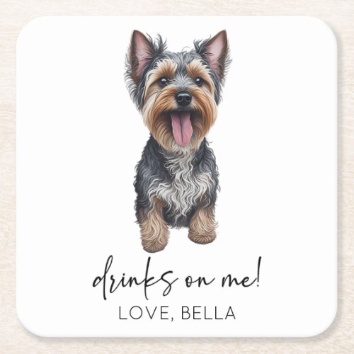 Drinks On Me Yorkshire Terrier Yorkie Dog Wedding Square Paper Coaster