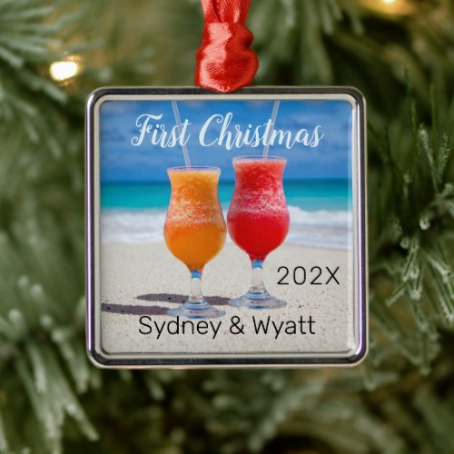 Drinks on the Beach First Christmas Dated Metal Ornament