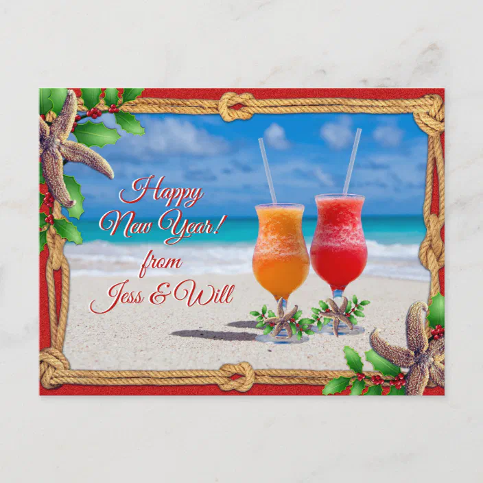 Drinks On The Beach Holiday Greeting Couple Postcard Zazzle Com