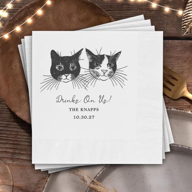 Drinks On Us Custom Cat Drawn Wedding Napkins (Creator Uploaded)