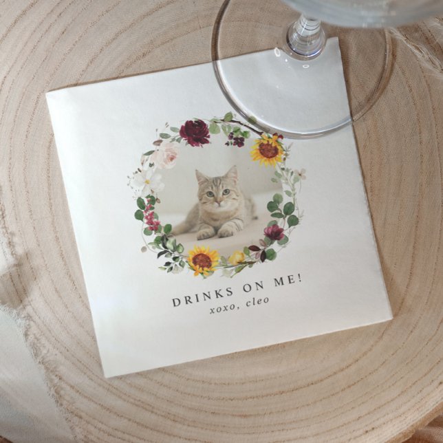Drinks on Us Modern Cute Pet Photo Floral Wedding Napkins (Cute autumn wedding napkins with pet photo and watercolor sunflower wreath, “drinks on us” text.)
