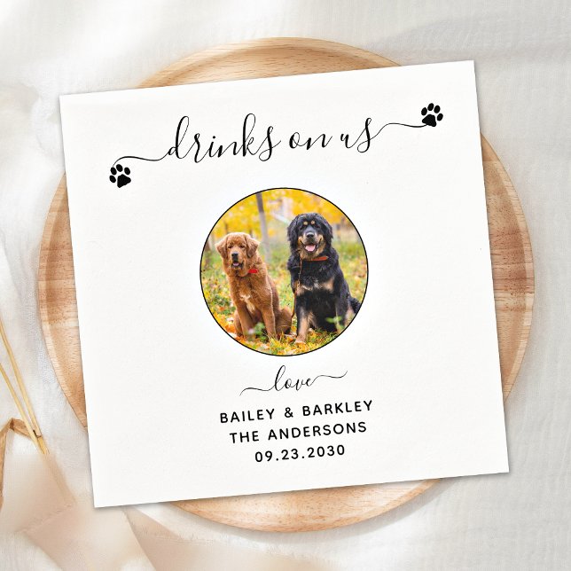 Drinks On Us Open Bar Custom Dog Photo Pet Wedding Napkins (Creator Uploaded)