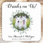 Drinks On Us Open Bar Eucalyptus Photo Pet Wedding Square Paper Coaster<br><div class="desc">Drinks On Us! Add the finishing touch to your wedding with these cute custom photo wedding coasters . Perfect for your wedding after party and reception, and as wedding favors for your guests. Customize these photo dog wedding coasters with your favorite wedding photo, dog of honors photo, or your newlywed...</div>