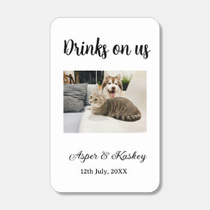 Drinks on us open bar pet photo wedding couple dat matchboxes