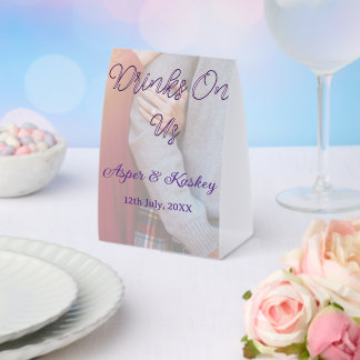 Drinks on us open bar pet photo wedding couple dat paper table tent
