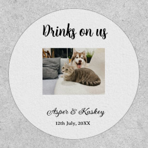 Drinks on us open bar pet photo wedding couple dat patch
