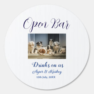 Drinks on us open bar pet photo wedding couple dat sign