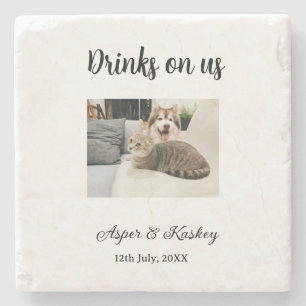 Drinks on us open bar pet photo wedding couple dat stone coaster