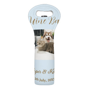 Drinks on us open bar pet photo wedding couple dat wine bag