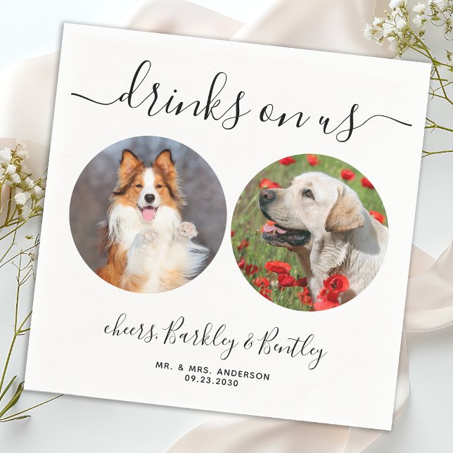Drinks On Us Personalized 2 Photo Pet Dog Wedding Napkins (Creator Uploaded)