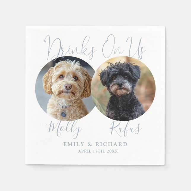 Drinks On Us Pet Photos Dusty Blue Wedding Napkins (Front)