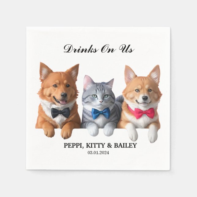 Drinks On Us Photo Fun Dog Cat Pet Wedding Napkins (Front)