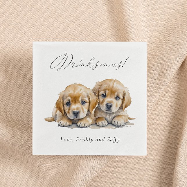 Drinks On Us Simple Cute Photo Fun Pet Dog Wedding Napkins (This "Drinks on us!" cocktail napkin can be customized with your own pups and text.)