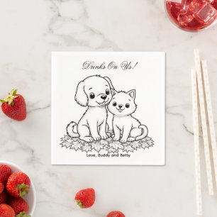 Drinks On Us Simple Drawing Cute Dog & Cat Wedding Napkins