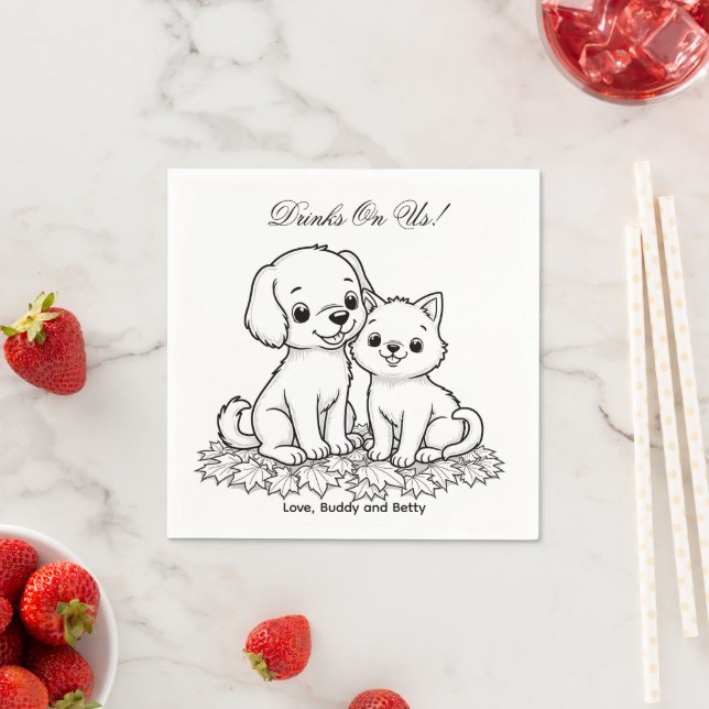 Drinks On Us Simple Drawing Cute Dog & Cat Wedding Napkins (Insitu)