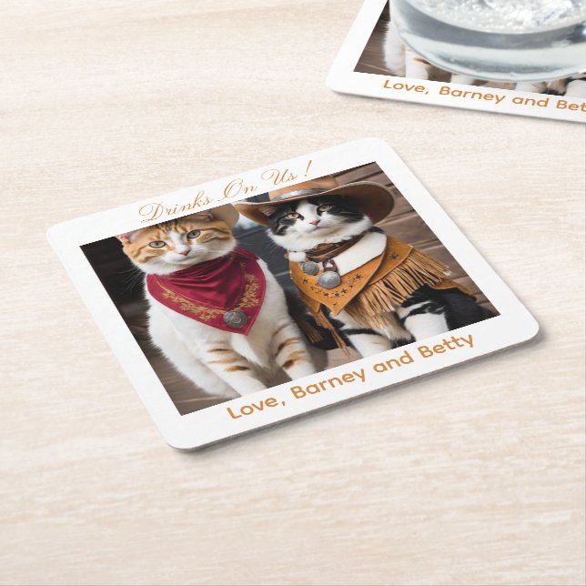 Drinks On Us Simple Photo Cute Fun Cats Square Paper Coaster (Angled)