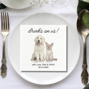 Drinks On Us Simple Photo Cute Fun Dog Pet Wedding Napkins