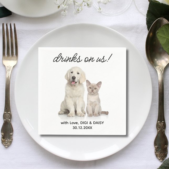 Drinks On Us Simple Photo Cute Fun Dog Pet Wedding Napkins (Creator Uploaded)