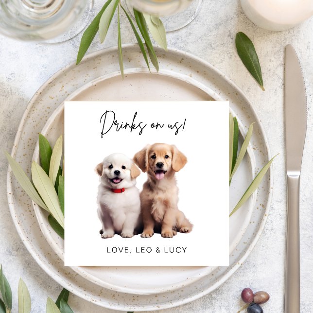 Drinks On Us Simple Photo Cute Fun Dog Pet Wedding Napkins (Creator Uploaded)