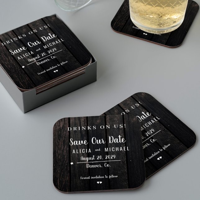 Drinks on us simple rustic wedding save the date square paper coaster (Creator Uploaded)