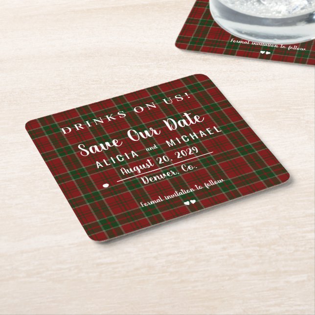 Drinks on us simple rustic wedding save the date square paper coaster (Angled)