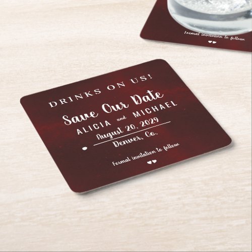 Drinks on us simple rustic wedding save the date square paper coaster