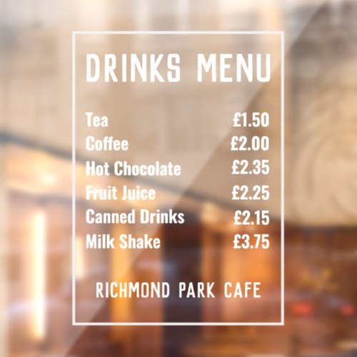 Drinks  Refreshments Price List Window Cling