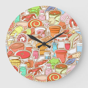 Drinks, seafood, snacks, seamless pattern large clock