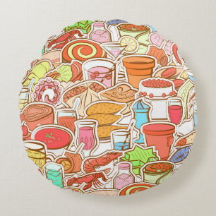 Drinks, seafood, snacks, seamless pattern round pillow