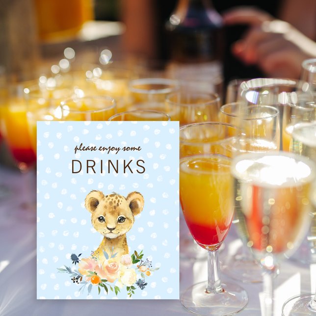 Drinks Table Baby Shower Lion Cub Floral Blue Poster (Creator Uploaded)