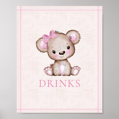 Drinks Table Cute Girl Bear Baby Shower Poster