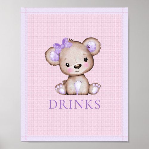 Drinks Table Cute Girl Purple Bear Baby Shower Poster