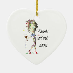 Drinks well with others, funny Wine art Ceramic Ornament