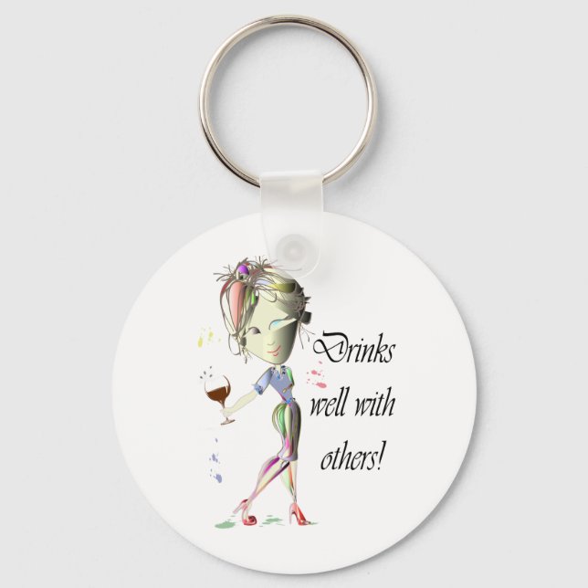 Drinks well with others, funny Wine art Keychain (Front)
