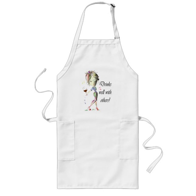 Drinks well with others, funny Wine art Long Apron (Front)