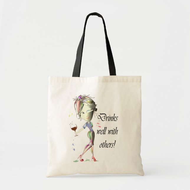 Drinks well with others, funny Wine art Tote Bag (Front)